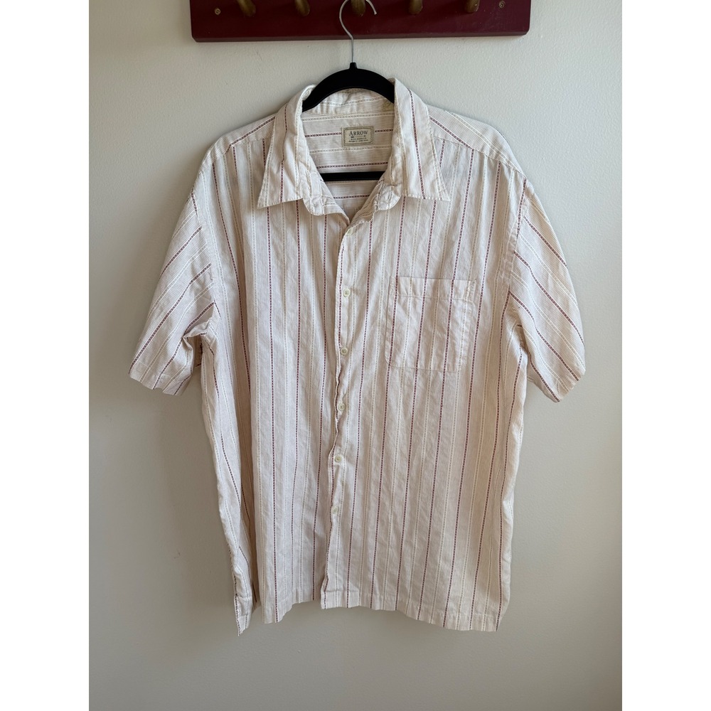 Arrow Blue Jeans Co Mens XL Short Sleeve Button Down Shirt Cotton Striped Cream